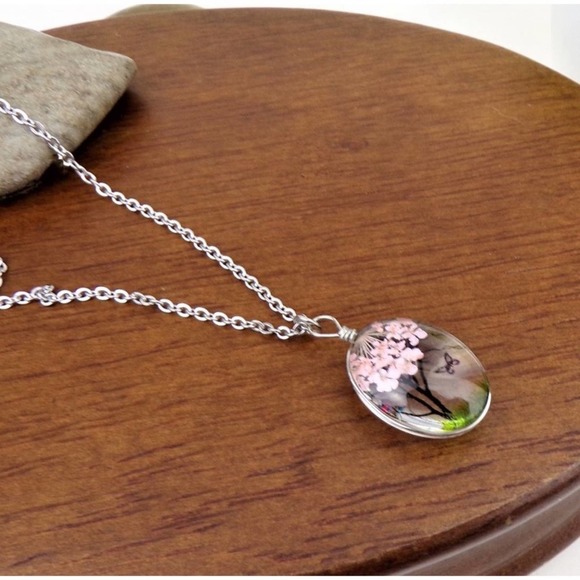 HP! 🎉 1 LEFT! Flower Tree and Butterfly Oval Pendant and Necklace - Picture 2 of 5